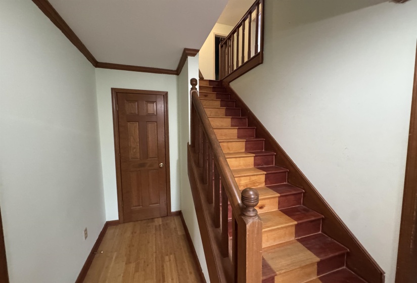 Stairway featuring ornamental molding and wood finished floors