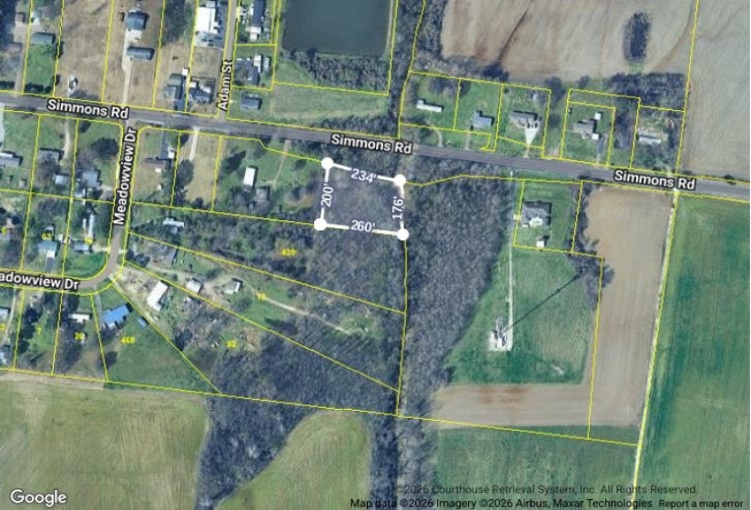 Aerial map of property and surrounding area with property parcel outlined