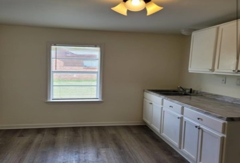 Kitchen with white cabinets, dark hardwood / wood-style floors, and sink