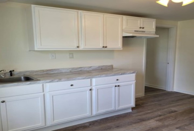 Kitchen with white cabinetry, sink, and dark hardwood / wood-style floors