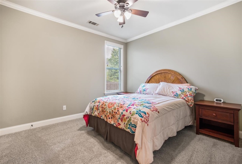 Carpeted bedroom with ornamental molding and ceiling fan