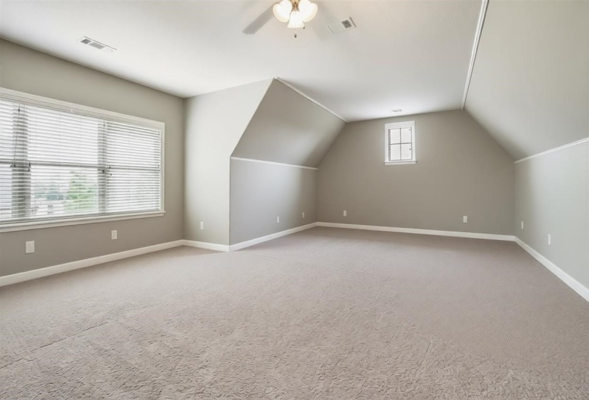 Additional living space featuring light colored carpet, lofted ceiling, and ceiling fan