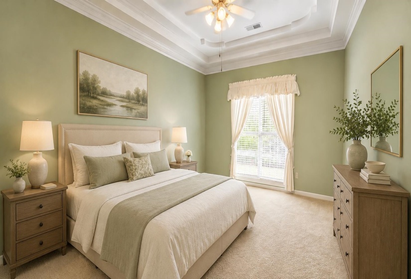 Carpeted empty room featuring crown molding and baseboards. THIS PHOTO HAS BEEN VIRTUALLY STAGED.