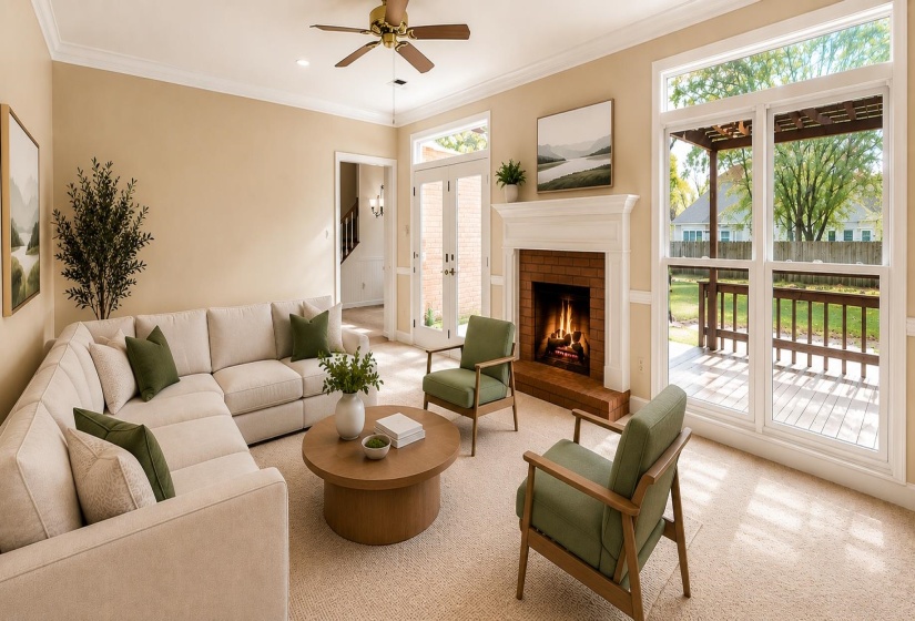 Unfurnished living room featuring carpet, a brick fireplace, ornamental molding, and a ceiling fan. THIS IMAGE HAS BEEN VIRTUALLY STAGED.