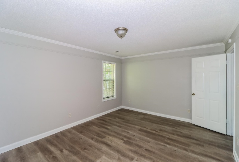 Unfurnished room with crown molding and dark wood-type flooring