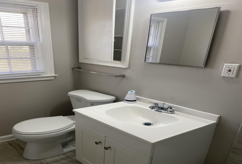 Half bathroom with vanity and light wood-style flooring