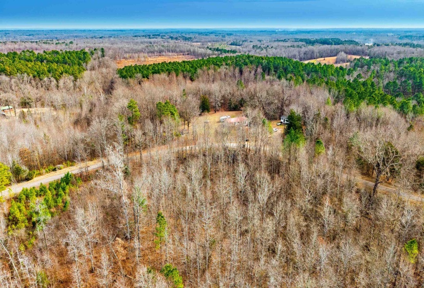 Aerial view of a heavily wooded area