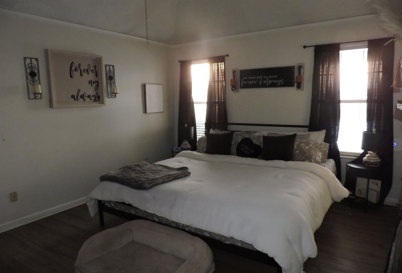 Bedroom with dark wood-style floors and baseboards