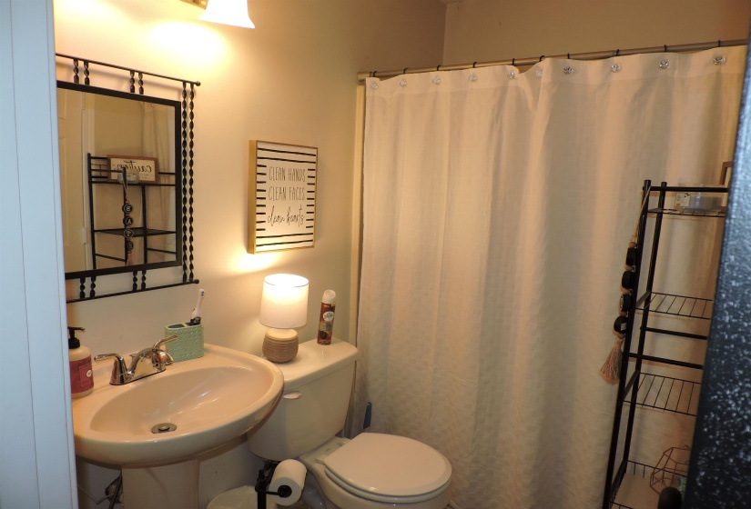 Full bath with curtained shower and toilet