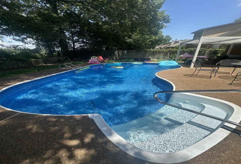 View of swimming pool featuring a fenced backyard and a patio area