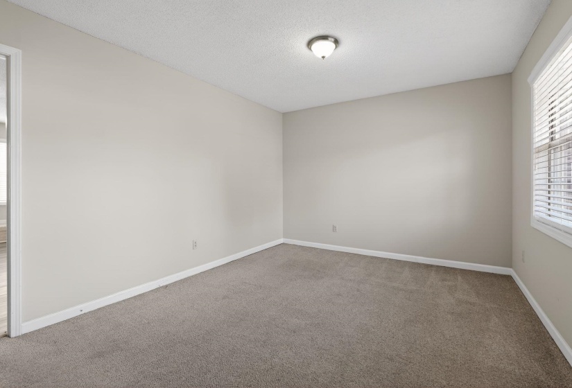 Empty room with healthy amount of natural light, light carpet, and a textured ceiling