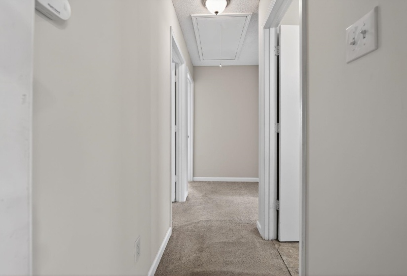 Hall featuring attic access, light carpet, and a textured ceiling
