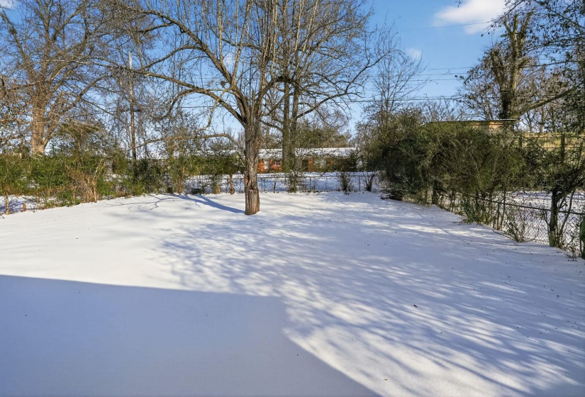 View of yard layered in snow
