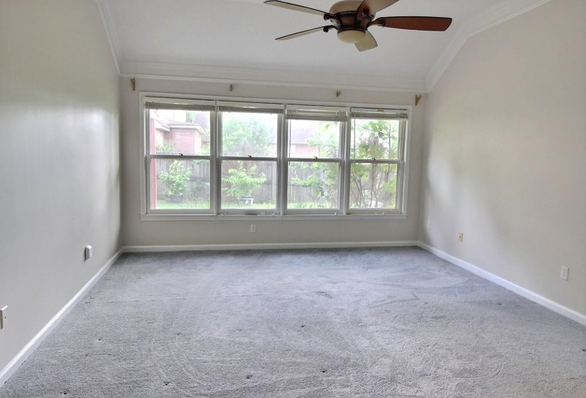 Carpeted empty room featuring a ceiling fan and crown molding