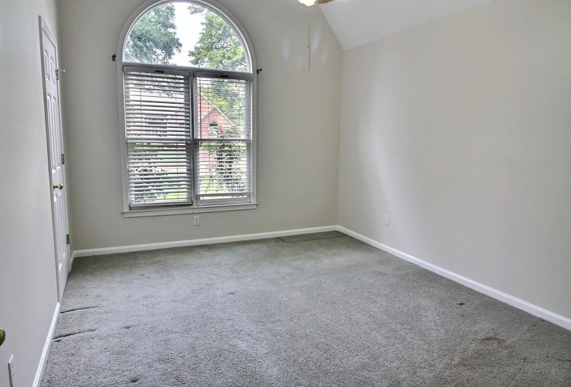 Unfurnished room featuring light colored carpet, lofted ceiling, and a ceiling fan