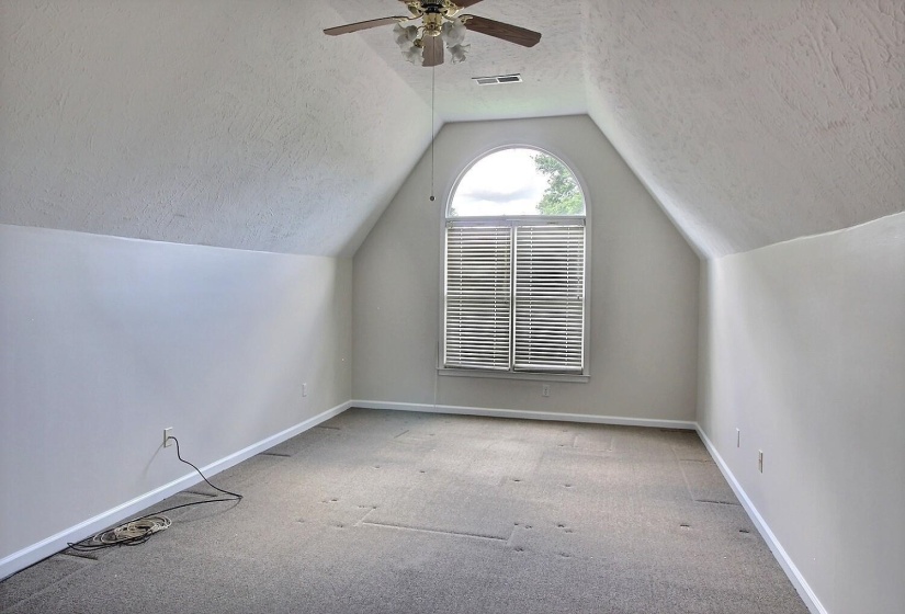 Bonus room with lofted ceiling, carpet, a textured ceiling, and a ceiling fan