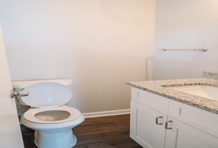 Bathroom with vanity, toilet, and wood-type flooring