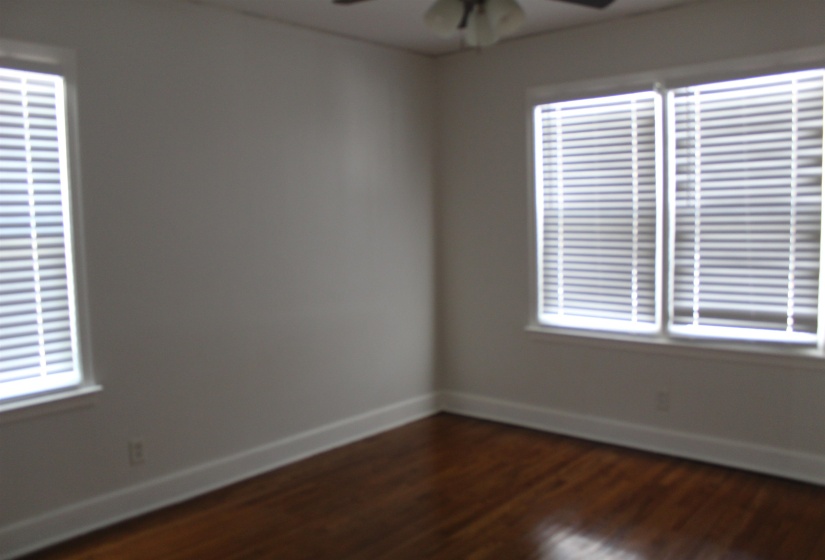 Spare room with dark wood-style floors and ceiling fan