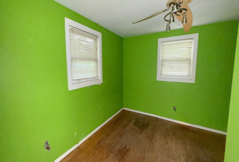 Room with wood-finish flooring, vibrant green walls, and white trim