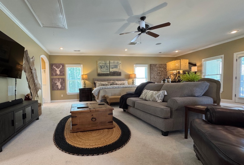 Bedroom featuring attic access, light carpet, recessed lighting, crown molding, and a ceiling fan
