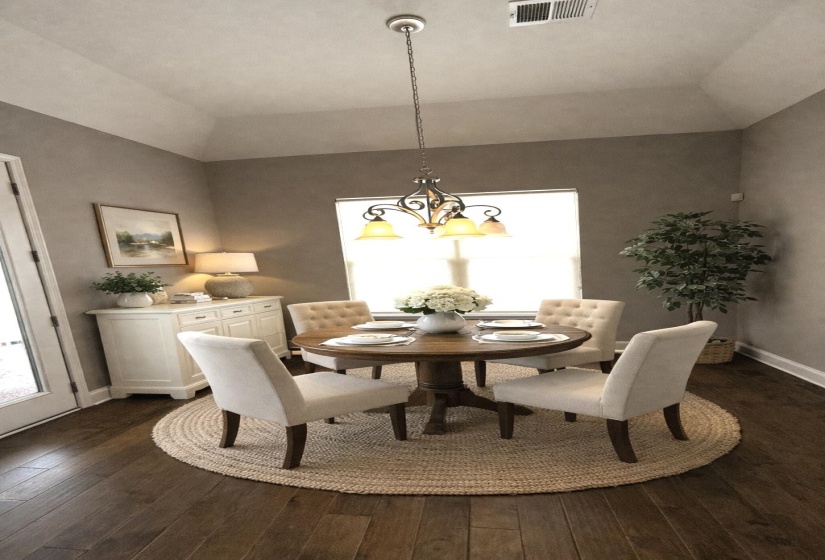 Dining area featuring vaulted ceiling, dark wood finished floors, and a chandelier