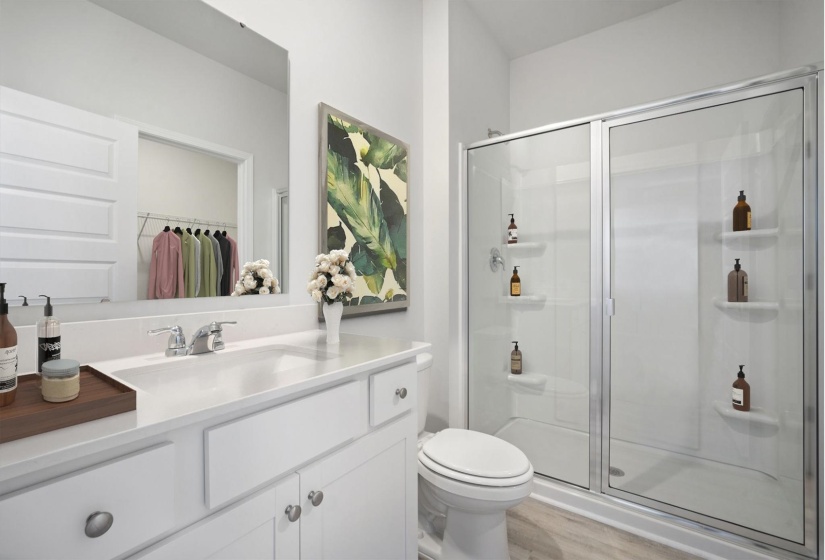 Full bath featuring a shower stall, vanity, light wood-style floors, and a spacious closet