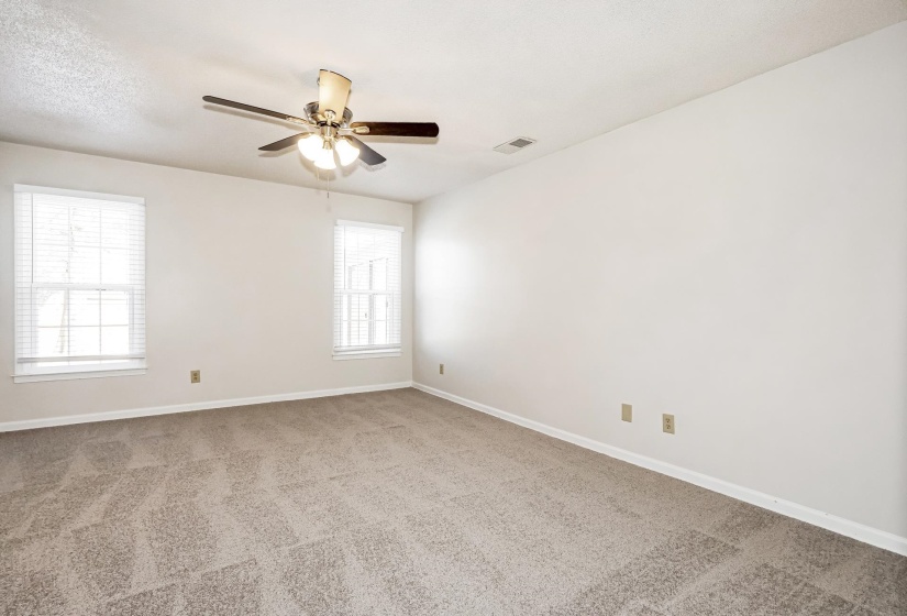 Unfurnished room with light colored carpet, healthy amount of natural light, ceiling fan, and a textured ceiling