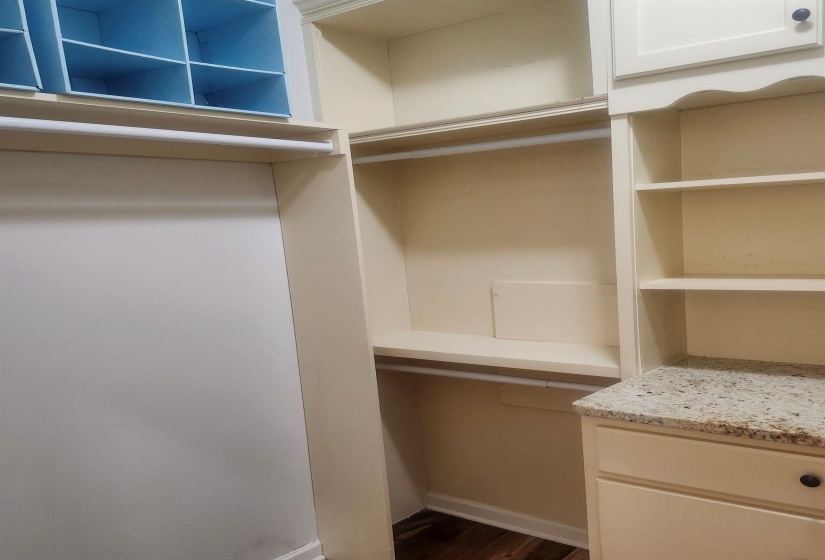 Walk in closet with dark wood finished floors