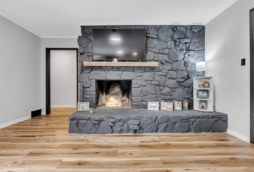 Living room with baseboards, ornamental molding, a fireplace, and wood finished floors