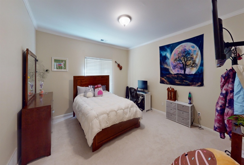 Bedroom featuring ornamental molding and carpet