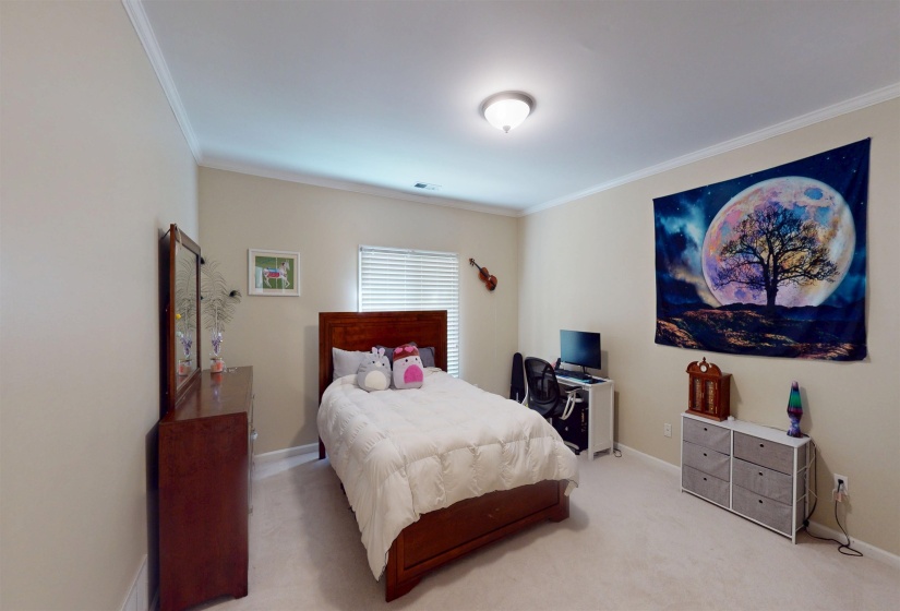 Carpeted bedroom with crown molding and baseboards