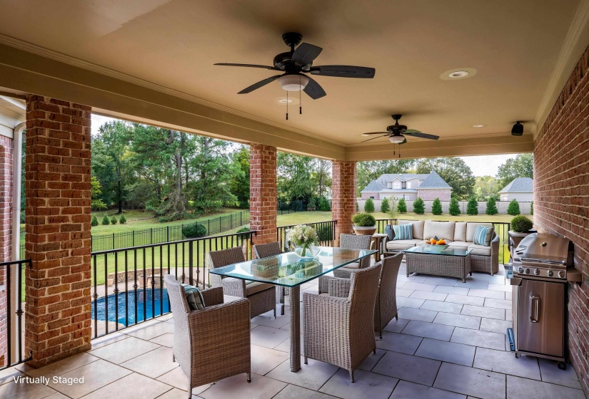 View of patio / terrace featuring an outdoor living space, a grill, a fenced backyard, outdoor dining area, and ceiling fan