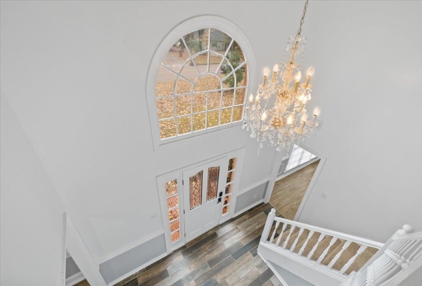 Entrance foyer featuring a high ceiling, a chandelier, dark wood-style flooring, and plenty of natural light