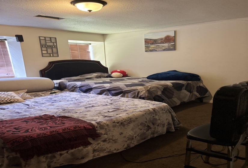 Carpeted bedroom with a textured ceiling