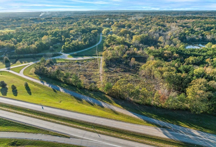 Aerial view of a heavily wooded area