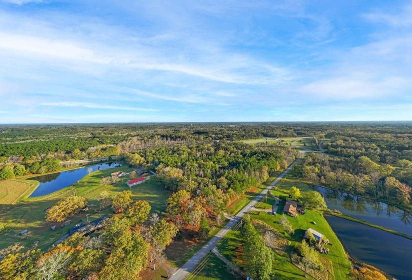 Bird's eye view of a nearby body of water and a forest