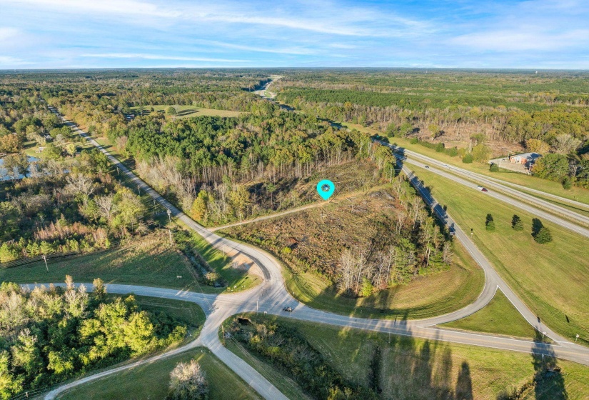 Aerial view of a heavily wooded area