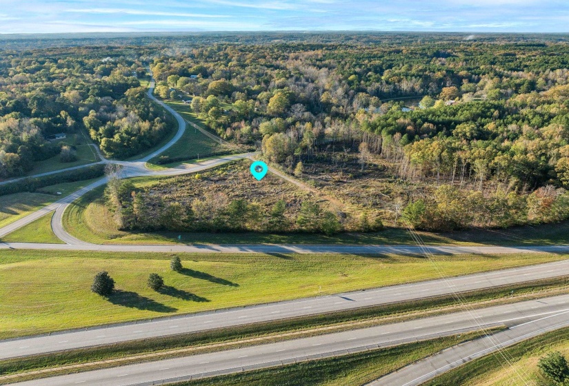 Aerial view of a heavily wooded area