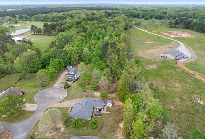 Aerial view of a heavily wooded area