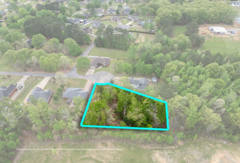 Aerial view of residential area featuring property boundaries highlighted