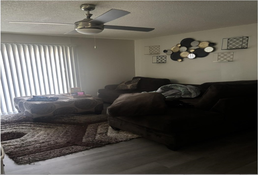 Living room featuring wood finished floors, a textured ceiling, and ceiling fan
