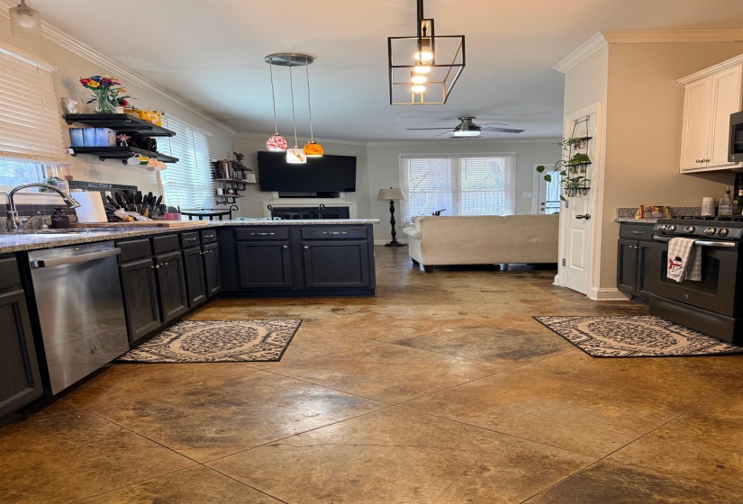 Kitchen featuring black gas stove, a ceiling fan, decorative light fixtures, ornamental molding, and dishwasher