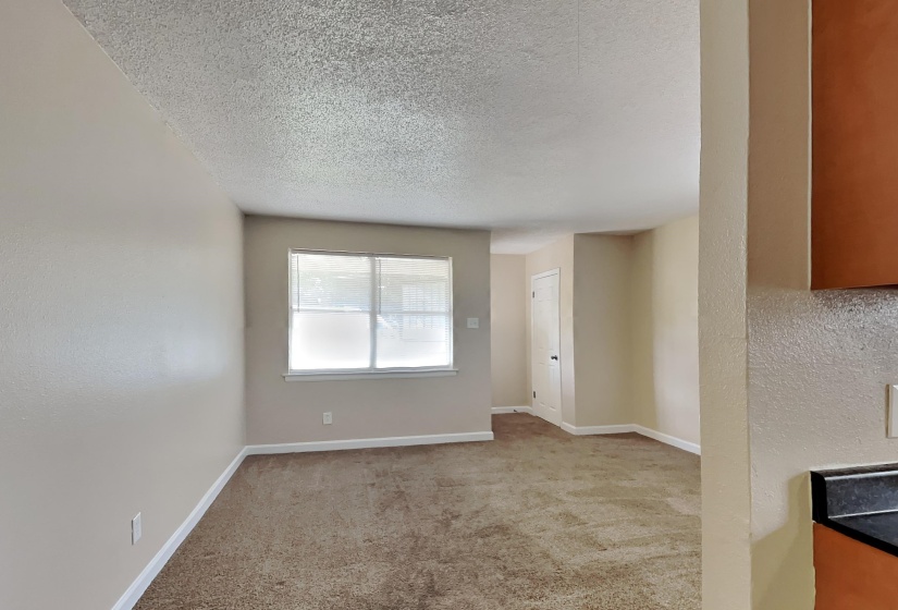 Spare room featuring a textured wall, a textured ceiling, and light colored carpet