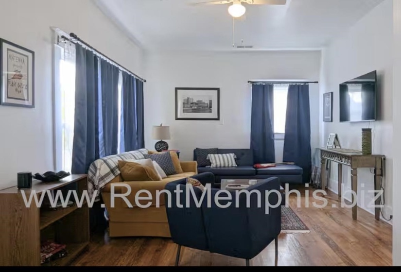 Living area with wood finished floors and a ceiling fan