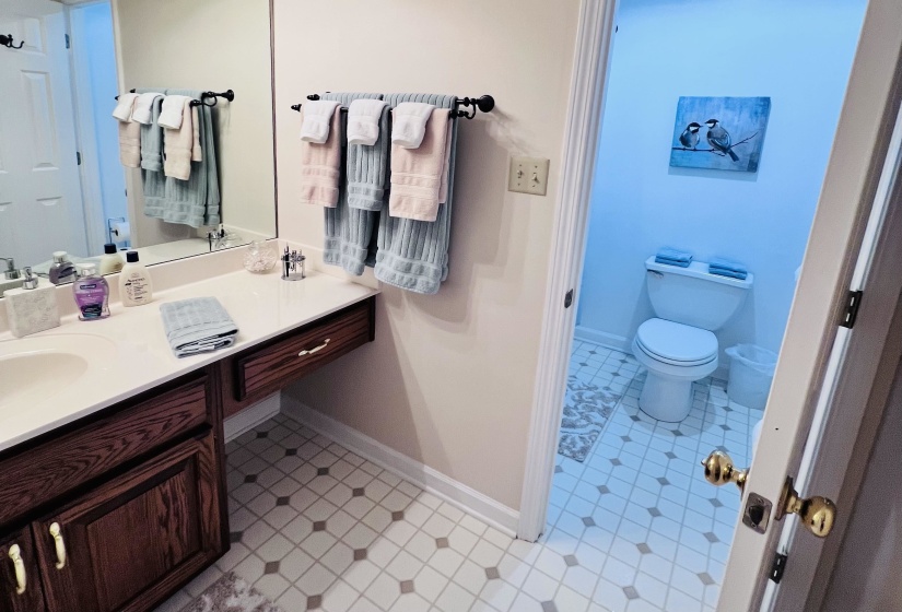 Bathroom with vanity and light flooring