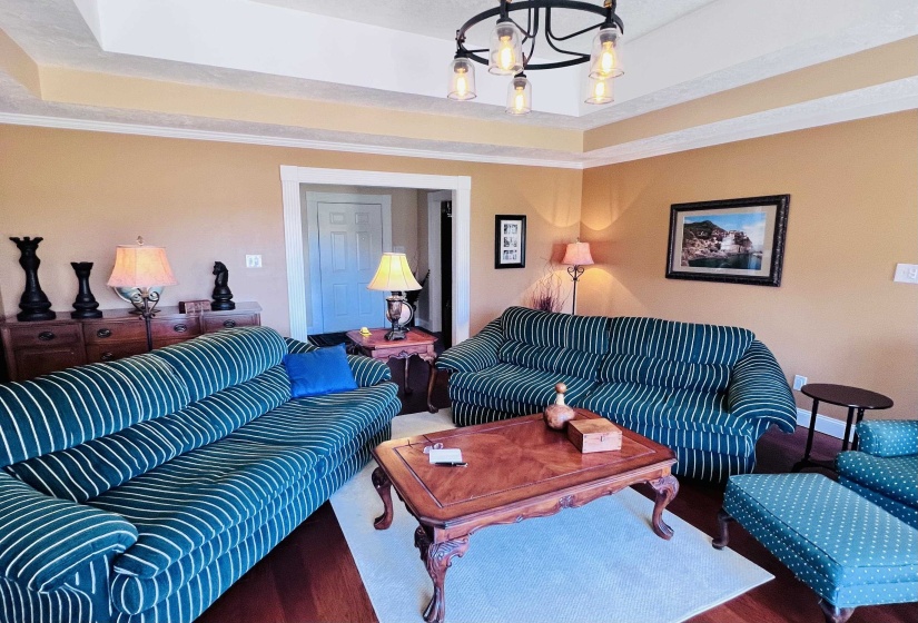 Living area featuring a chandelier and a raised ceiling