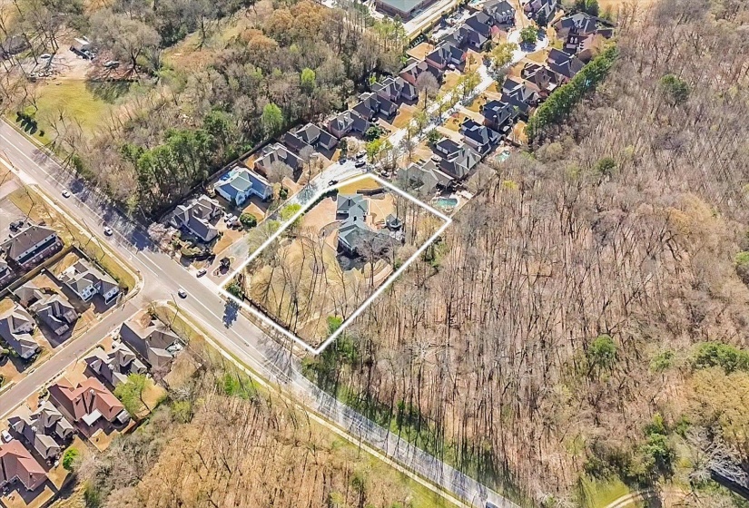 Aerial perspective of suburban area featuring a forest