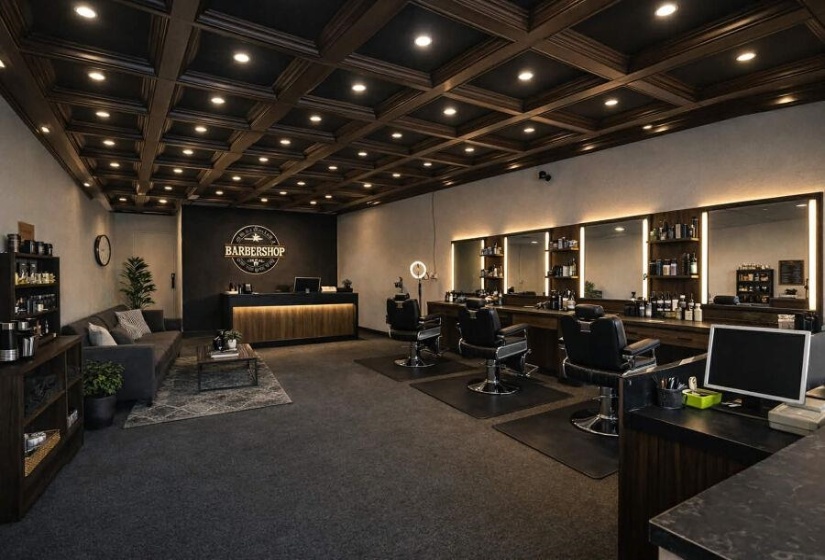 Interior space with coffered ceiling and recessed lighting