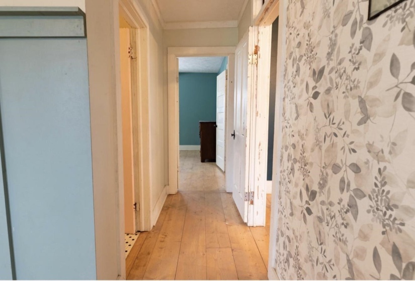 Hall featuring light wood-type flooring and ornamental molding