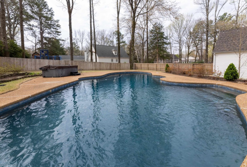 View of pool featuring a fenced backyard and a hot tub